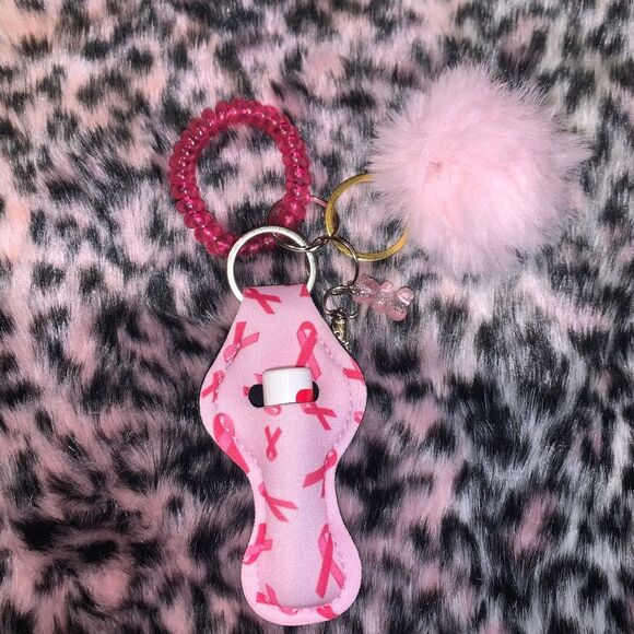 Breast Cancer Ribbon Chapstick Holder Keychain Set - Discounted Shipping - Picture 2 of 2